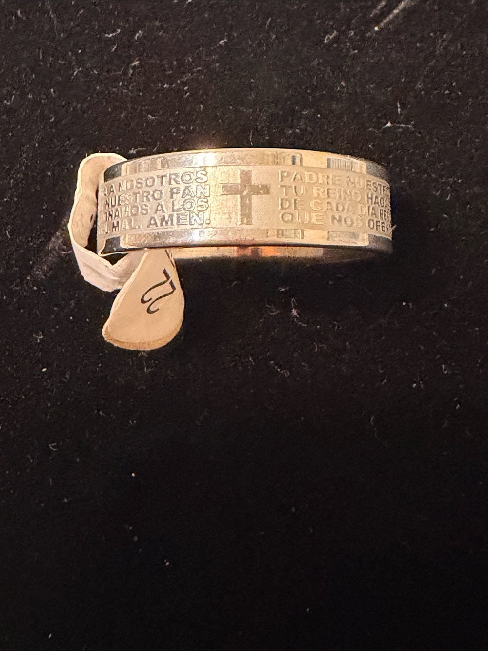Engraved Stainless Steel Lord’s Prayer in Español Ring with Cross.